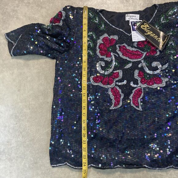 Elegance by Anujan Top Womens XL Black Vintage Sparkly Formal Silk Sequin - Picture 3 of 10